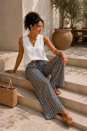 Colectia NOUA - Pantaloni dama din vascoza cu imprimeu linii geometrice