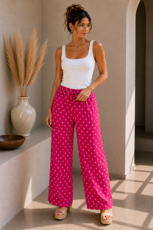 Imbracaminte dama - Haine cu suflet - Pantaloni dama fuxia cu buline albe din vascoza