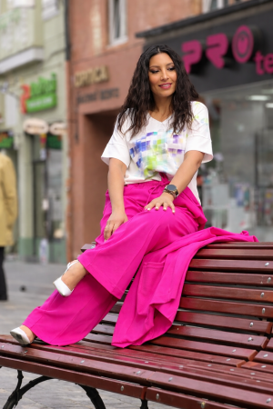 Colectia NOUA - Pantaloni dama fuxia largi cu snur in talie