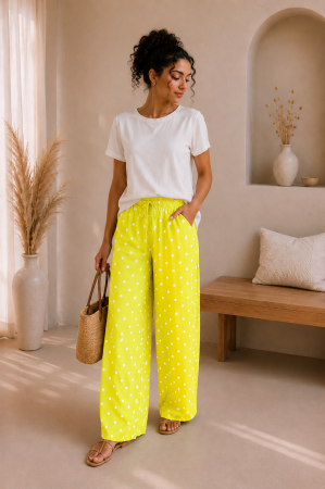 Pantaloni si blugi - Pantaloni dama galben neon cu buline albe