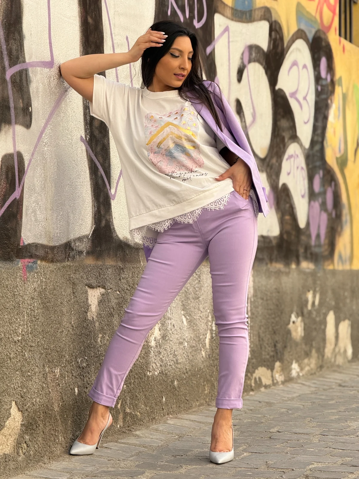 Pantaloni si blugi - Pantaloni dama mov cu curelusa in talie