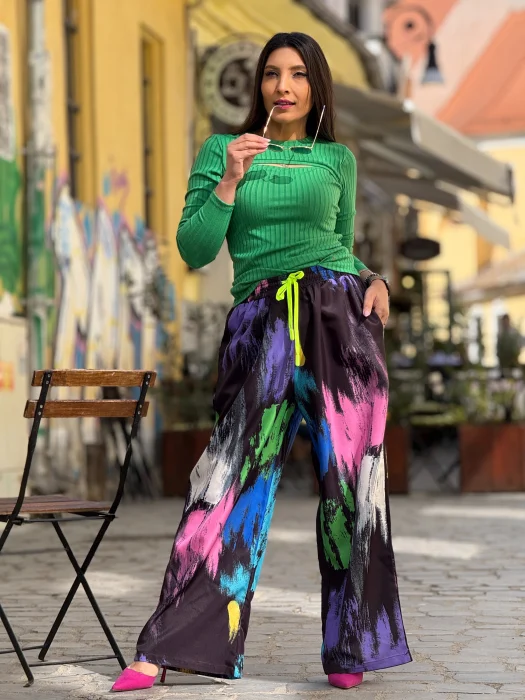 Pantaloni si blugi - Pantaloni dama multicolori cu snur in talie