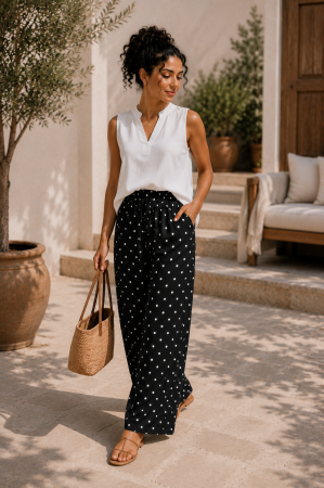 Pantaloni si blugi - Pantaloni dama negri cu buline albe din vascoza