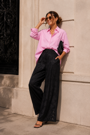 Pantaloni si blugi - Pantaloni dama negri drepti cu elastic si nasturi laterali