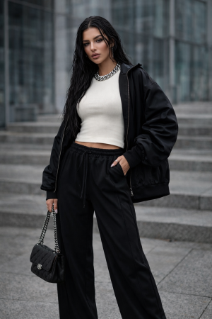 Pantaloni si blugi - Pantaloni dama negri drepti cu elastic si snur in talie