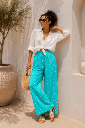 Pantaloni si blugi - Pantaloni dama verde marin cu buline albe din vascoza
