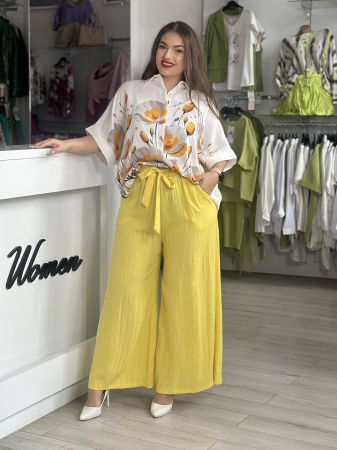 Promotii actuale - Pantaloni galbeni din in si vascoza cu snur in talie