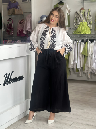 Pantaloni si blugi - Pantaloni negri din in si vascoza cu snur in talie