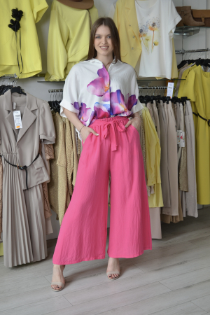 Promotii actuale - Pantaloni roz fucsia largi cu cordon in talie