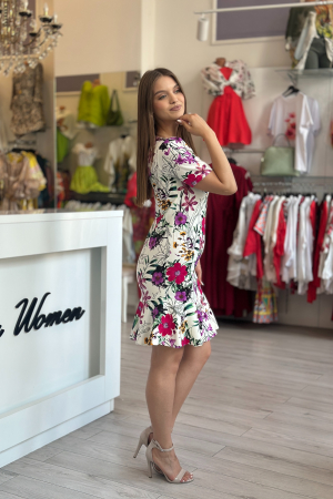 Rochie alba din in cu imprimeu floral multicolor [3]