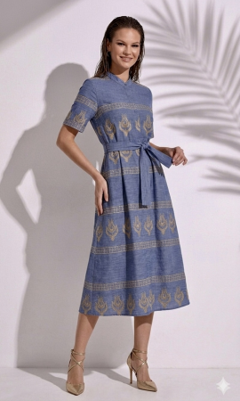 Rochii de zi - Rochie albastra din vascoza cu broderie bej