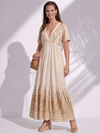 Rochii de zi - Rochie bej din bumbac cu imprimeu frunze brodate