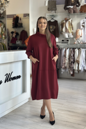 Rochii de zi - Rochie bordo casual cu guler ridicat