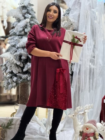 Noutati - Rochie bordo din vascoza cu insertie din paiete
