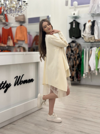 Rochie tunica crem din bumbac cu tulle si flori albe [1]