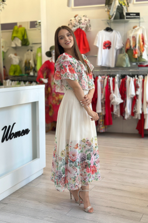 Rochie crem din voal cu imprimeu flori multicolore [2]