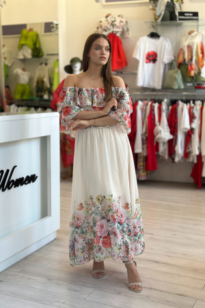Rochie crem din voal cu imprimeu flori multicolore [1]