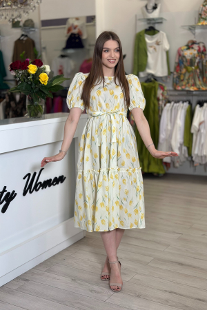 Promotii actuale - Rochie cu umeri bufanti si imprimeu lalele galbene