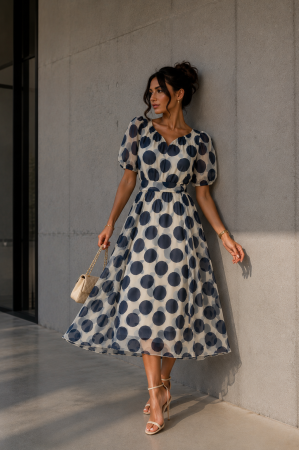 Colectia NOUA - Rochie dama midi cu buline bleumarin si decolteu in V
