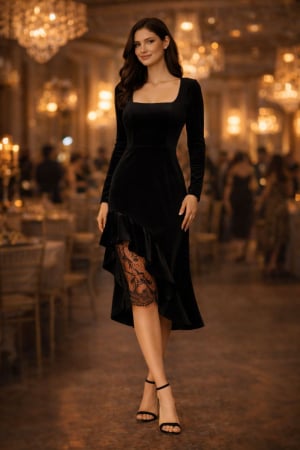 Colectia NOUA - Rochie dama neagra din catifea cu volane si dantela