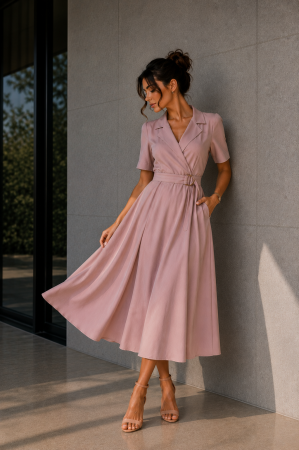 Colectia NOUA - Rochie dama roz pudra cu rever si buzunare laterale