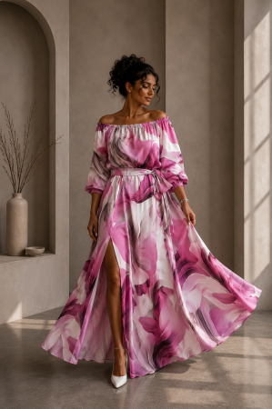 Rochii de zi - Rochie din satin bej cu imprimeu floral fuxia si maneci bufante