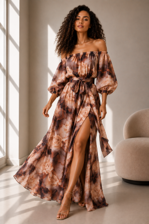 Rochii de eveniment - Rochie din satin bej cu imprimeu floral maro si maneci bufante