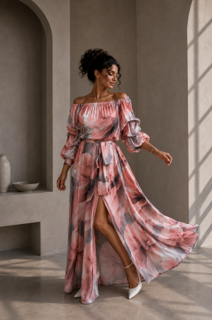 Rochii de zi - Rochie din satin bej cu imprimeu floral portocaliu si maneci bufante