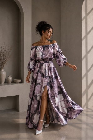 Imbracaminte dama - Haine cu suflet - Rochie din satin neagra cu imprimeu floral roz si maneci bufante