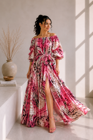 Rochii de eveniment - Rochie din satin roz fuxia cu negru si imprimeu cu maneci bufante