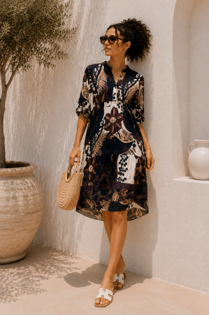 Rochii de zi - Rochie din vascoza bej cu imprimeu floral maro