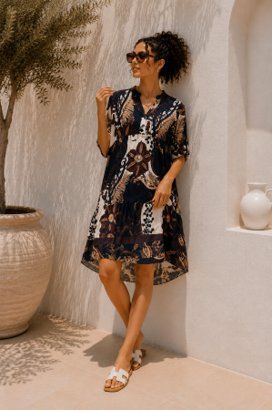Noutati - Rochie din vascoza bej cu imprimeu floral maro