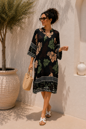 Rochii de zi - Rochie din vascoza neagra cu imprimeu floral bej si verde