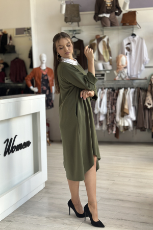 Rochie kaki casual cu guler rotund [3]