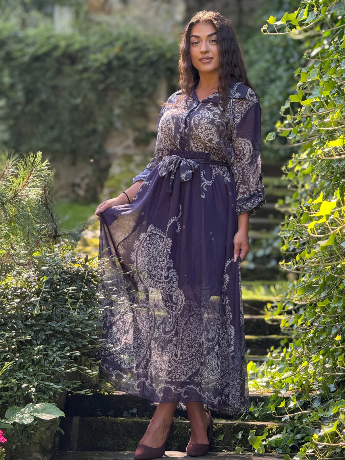 Rochii de zi - Rochie lunga albastra cu imprimeu baroc