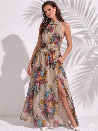 Rochii de eveniment - Rochie lunga bej cu imprimeu floral