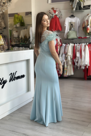 Rochie lungă bleo pe corp cu pene la umeri [2]