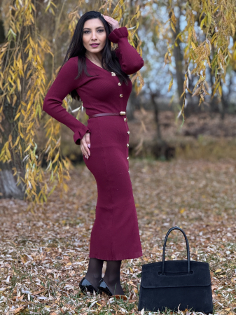 Rochie lunga bordo tricotata cu nasturi decorativi [3]