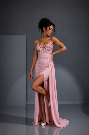 Colectia NOUA - Rochie lunga roz cu corset si paiete