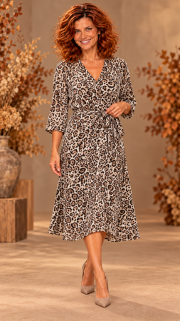 Rochii de zi - Rochie maro animal print midi cu cordon petrecut in talie