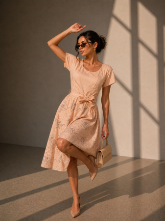 Colectia NOUA - Rochie midi bej cu broderie florala neagra