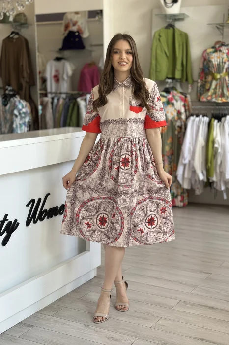Noutati - Rochie midi bej cu imprimeu vintage rosu