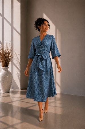 Noutati - Rochie midi bleo cu buline albe