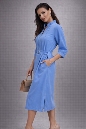 Rochii de zi - Rochie midi bleu cu guler tip funda