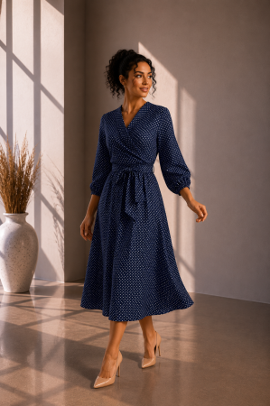 Noutati - Rochie midi bleumarin cu buline albe