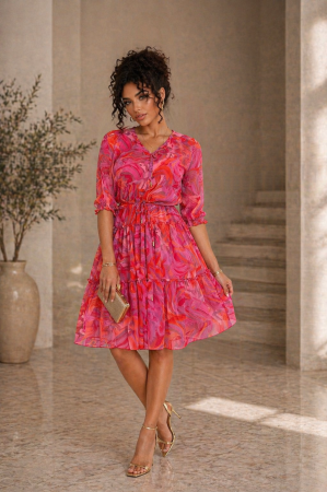 Imbracaminte dama - Haine cu suflet - Rochie midi dama roz cu imprimeu abstract floral