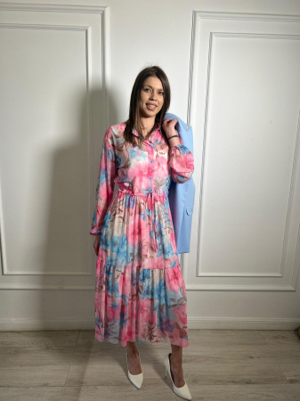 Rochii de eveniment - Rochie midi roz cu imprimeu flori