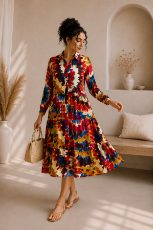 Rochii de zi - Rochie multicolora din bumbac cu imprimeu in nuante de rosu