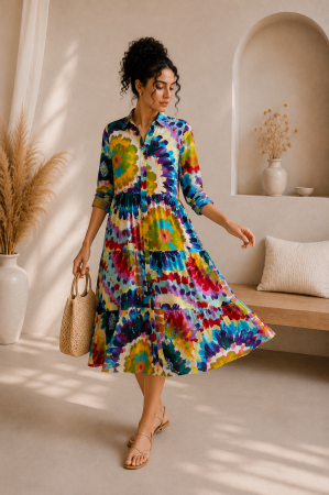 Rochii de zi - Rochie multicolora din bumbac cu imprimeu violet