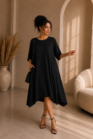 Rochii de zi - Rochie neagra casual cu guler rotund